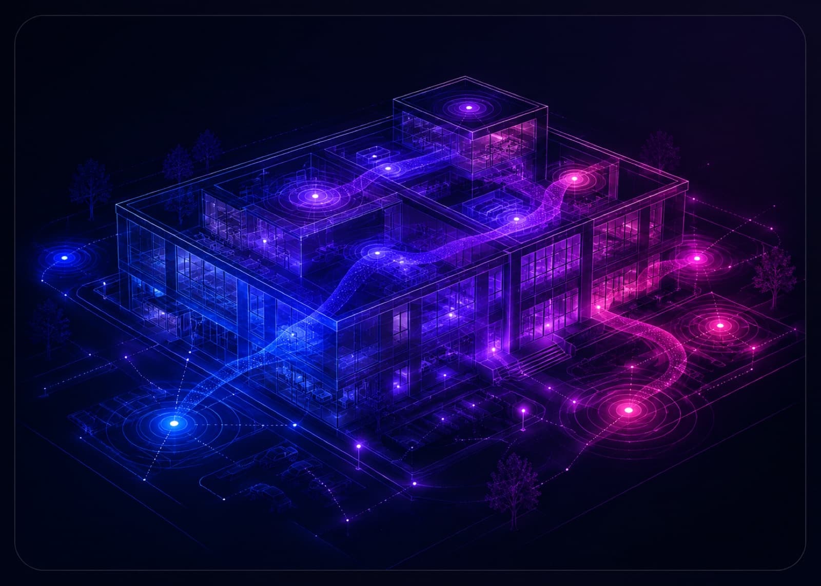 An RF mesh turning an entire site into a sensor - signal flow rendered through the walls of a building
